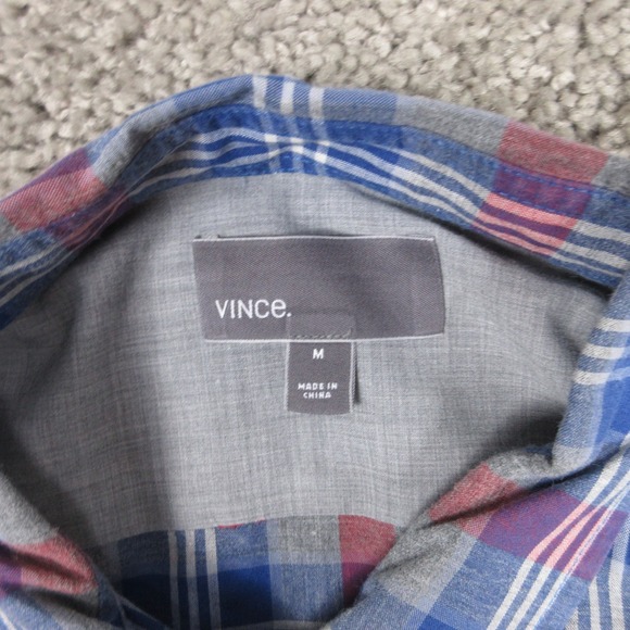 Vince Shirt Mens Medium Blue Red Gray Plaid Cotton Causal Button Up EUC - Picture 3 of 7
